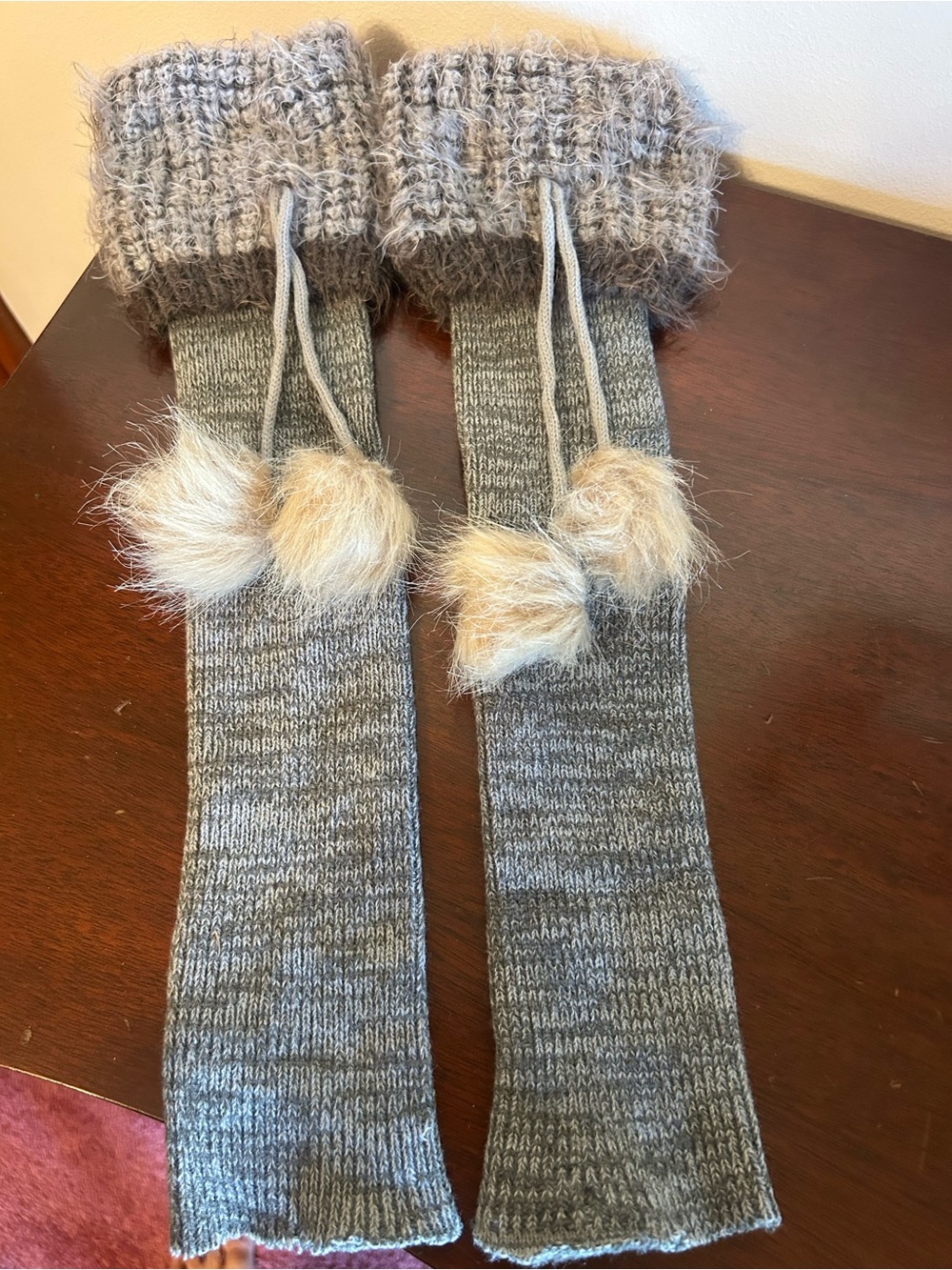 Gray Knit Leg Warmers with Faux Fur Pom Poms
